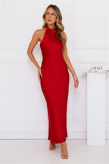 Enchanted Daybreak Halter Satin Maxi Dress Red