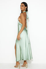 High Shine Nights Halter Satin Maxi Dress Sage