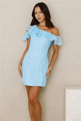 Charmed Light Off Shoulder Mini Dress Blue