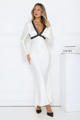 Unique Temptation Long Sleeve Satin Maxi Dress Ivory