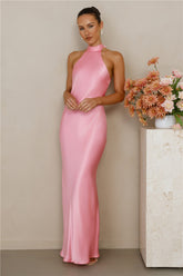 The Cleo Halter Satin Maxi Dress Candy