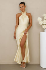 The Adeline Halter Satin Maxi Dress Yellow