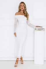 Curve Embrace Off Shoulder Mesh Maxi Dress White