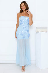 Timeless Affair Strapless mesh Maxi Dress Blue