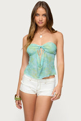 Printed Mesh Strapless Cut Out Top
