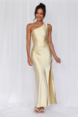 HELLO MOLLY The Aurora One Shoulder Satin Maxi Dress Yellow