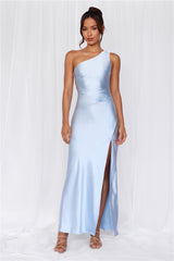 HELLO MOLLY The Aurora One Shoulder Satin Maxi Dress Blue