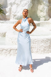 Enchanted Daybreak Halter Satin Maxi Dress Blue