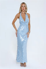 Oceanic Sequin Halter Maxi Dress Blue