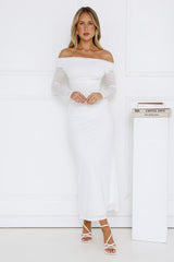 Curve Embrace Off Shoulder Mesh Maxi Dress White