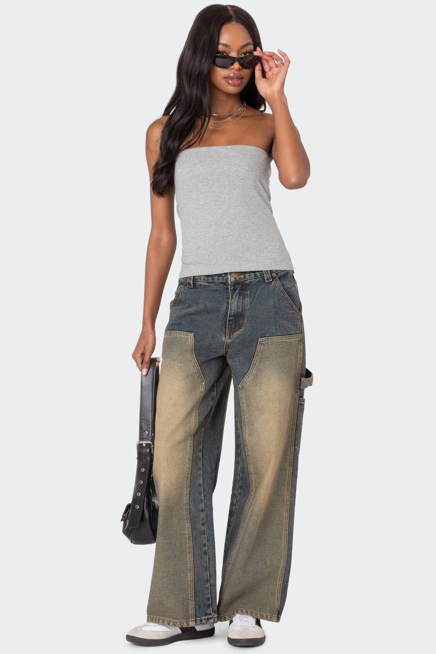 Contrast Panel Washed Mid Rise Baggy Jeans
