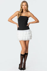 Strapless Pinstripe Ruffle Skirt Mini Dress