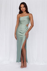 HELLO MOLLY The Opal One Shoulder Satin Maxi Dress Sage